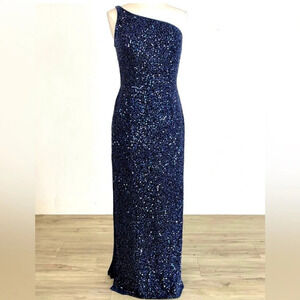 SCALA Vintage 100% Silk GORGEOUS Navy One Shoulder Beaded & Sequin Gown Size XL